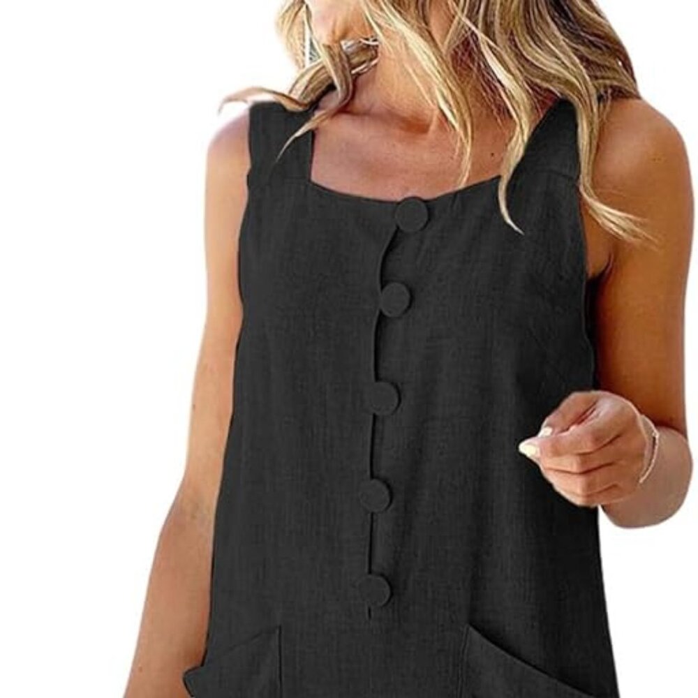 Women Shorts Overall Front Button Cotton Linen Summer Wide Leg Shorts Romper